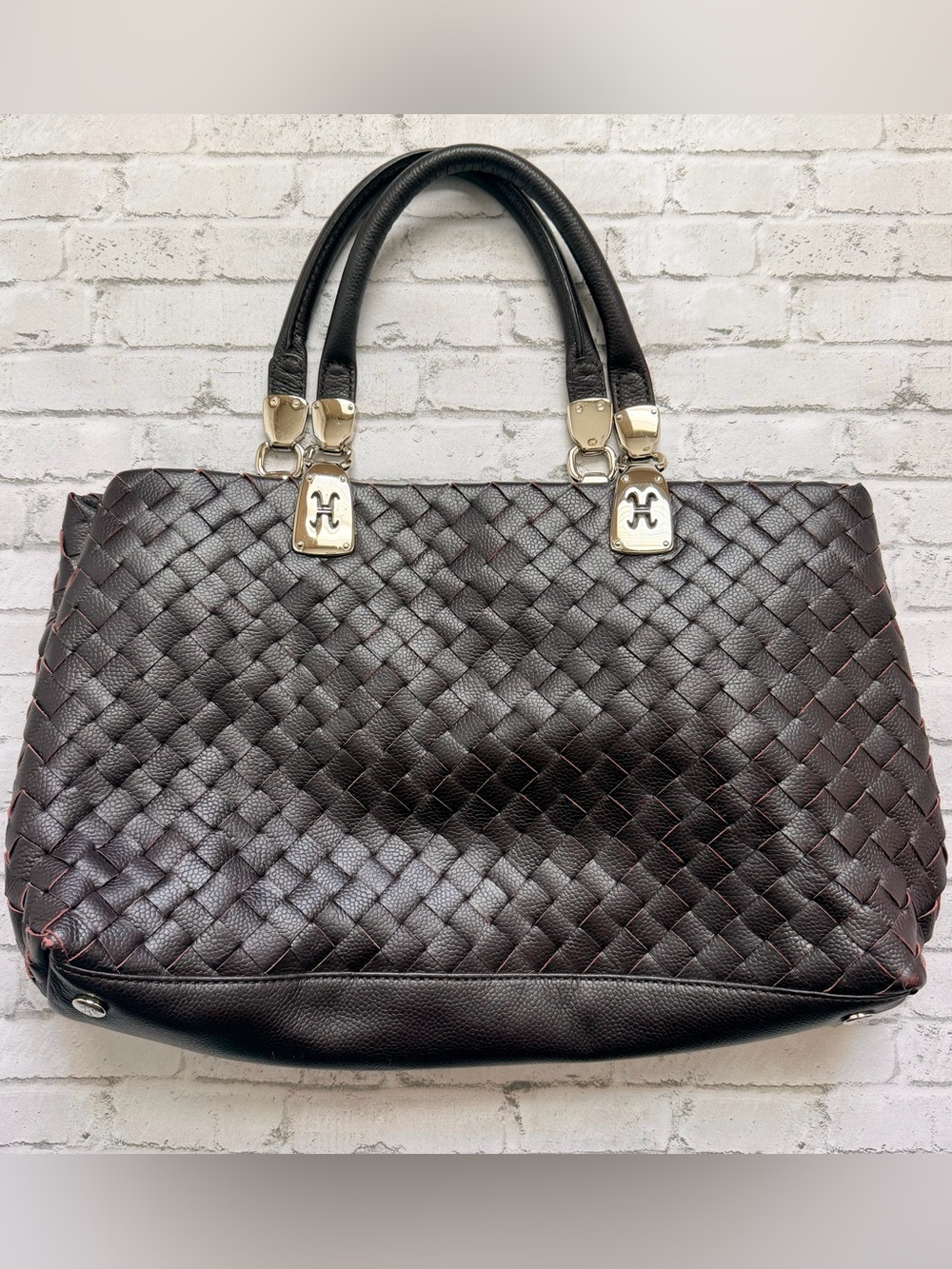 Cole Haan Dark Brown Woven Leather Shoulder Bag with Silver Hardware
